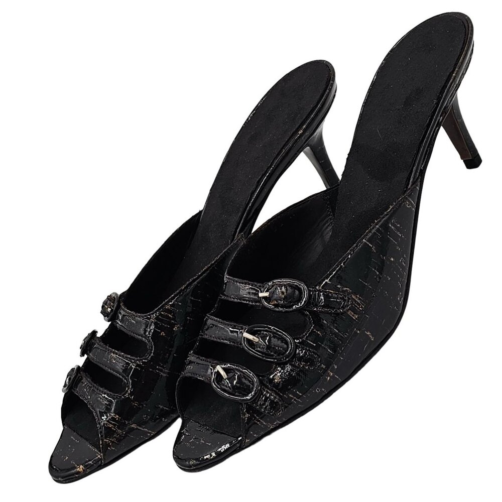 Donald Pliner Italy Womens 9.5 Black Patent Cork Open-toe Slide Dress Shoe Heels - Picture 9 of 15